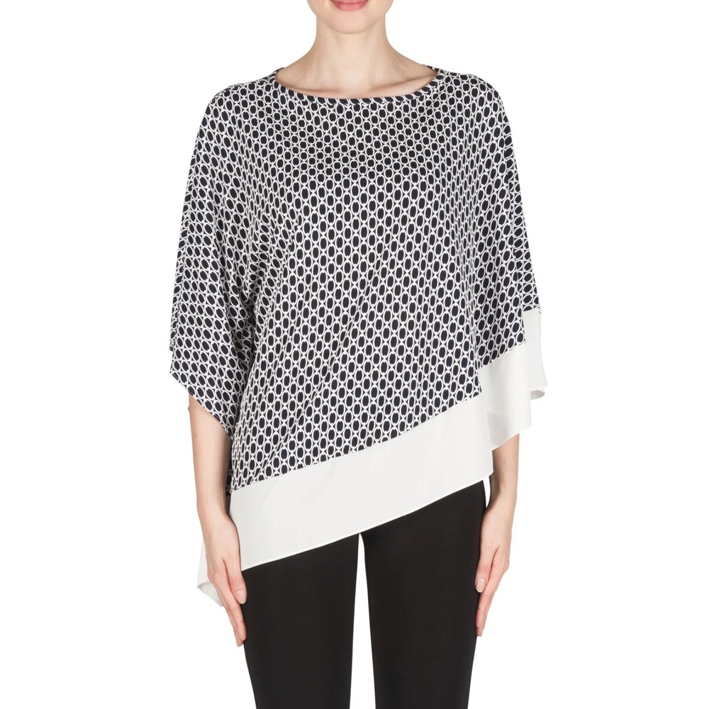 Joseph Ribkoff Navy‎ White Chainlink Asymmetrical Hem Poncho Top Large Womens
